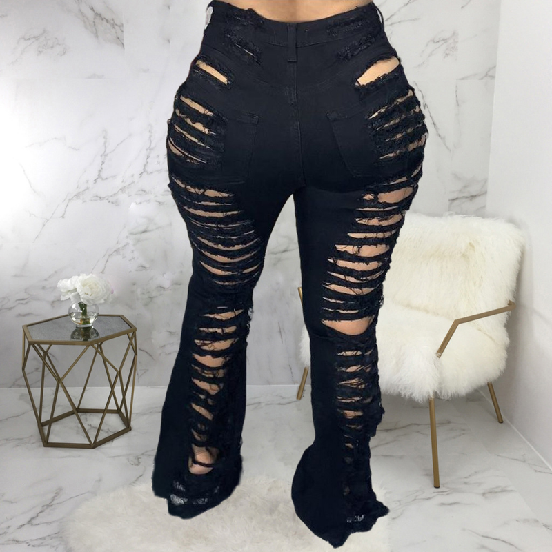 Roupas femininas tendência da moda personalidade rasgada calças largas elásticas_voghion.com