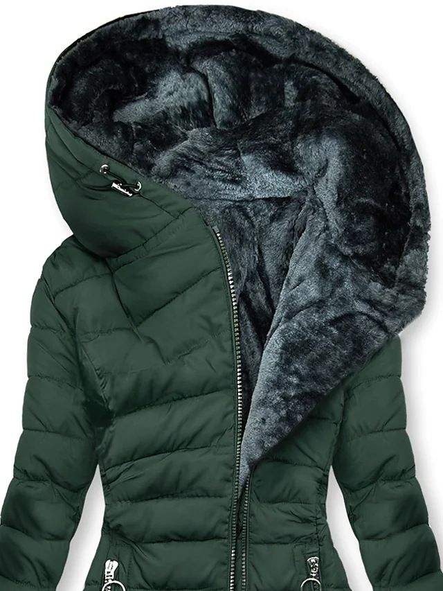 Cappotto invernale da donna con cappuccio, manica lunga, vestibilità attillata, caldo e collo in pelliccia, cerniera MG502_voghion.com