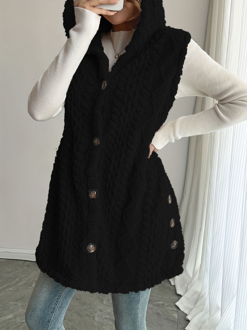 Heißer Verkauf Einfarbig doppelseitige Gefüllte Kapuze Taste Strickjacke Casual Damen Herbst Winter Weste_voghion.com