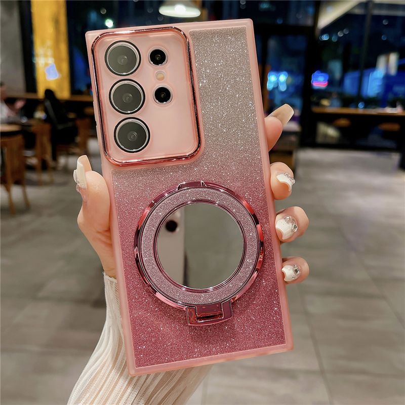 met spiegel magnetische telefoonstandaard voor Samsung S24 ultra transparante gliiter sticker case zachte cover S22 S23 Plus_voghion.com