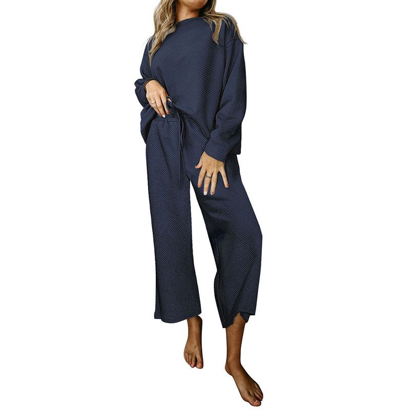 Terno casual solto simples de cor sólida, outono inverno, novo, texturizado, com cordão, roupa esportiva para mulheres, 2025_voghion.com