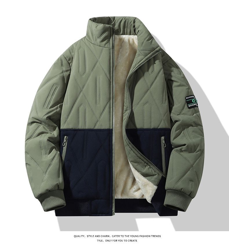 Men's Clothing Contrast Color Stitching Plus Velvet Winter Fleece-Lined Color Block Stand Collar Jacket - Stylish Unisex Casual Coat For Cold Weather_voghion.com