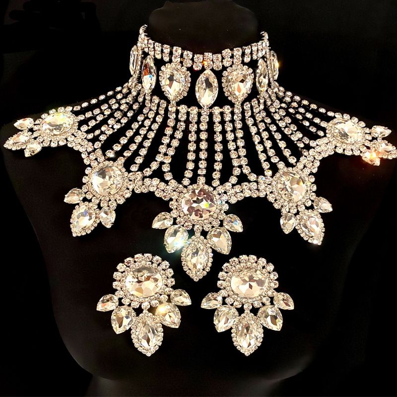 Übertriebener Strassstein-Halsketten-Set, personalisierte mehrschichtige Tropfen-Halskette, glänzende Ohrringe, Schmuck_voghion.com