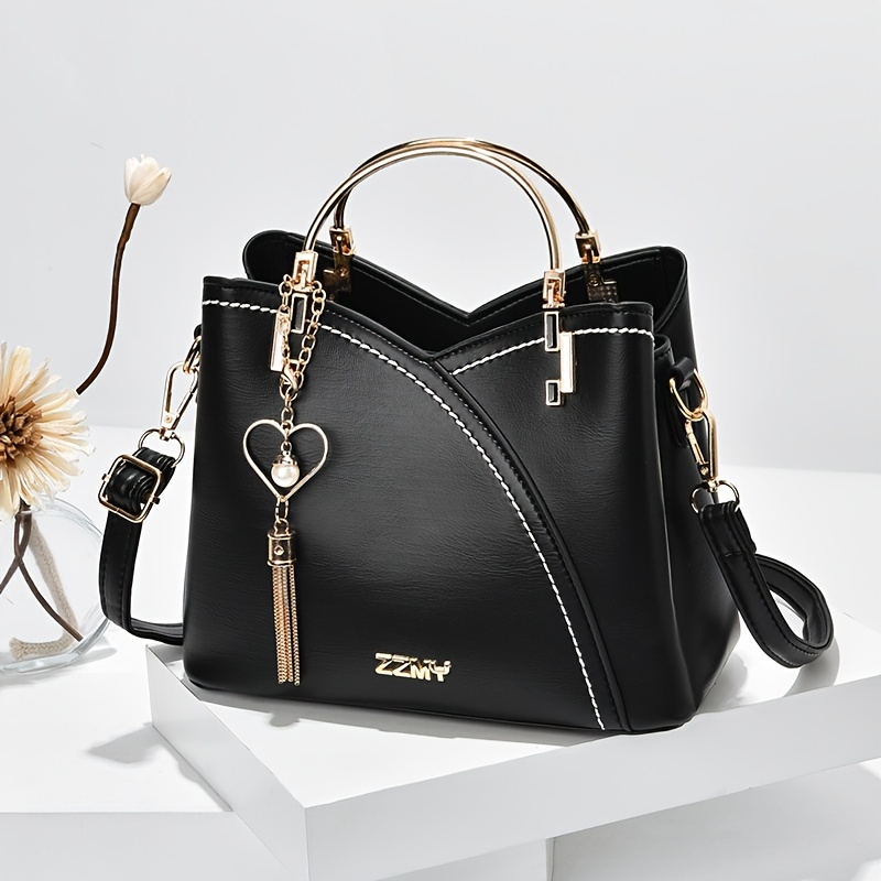 Geantă tip ghiozdan cu blocuri de culoare, geantă crossbody la modă cu ciucuri metalice, poșetă tip inel pentru femei (_voghion.com