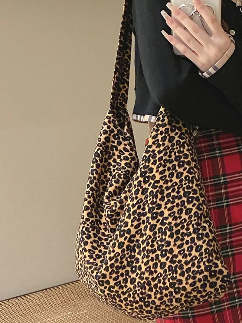 Women’s Bags Bag Same Style Leopard Print Canvas Bag Large Capacity Shoulder Bag Corduroy Shopping Bag Ins Style Star Model_voghion.com