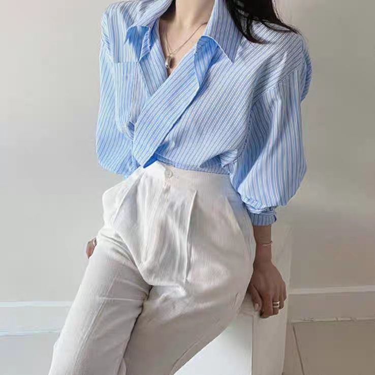 2024 Spring and Autumn New Korean Chic Gentle Striped White Collar Single breasted Loose Casual Long Sleeve Shirt_voghion.com
