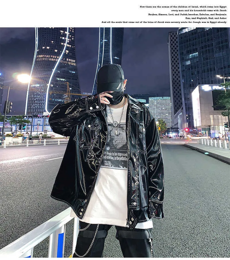 Giacca da uomo in finto Mauroicardi autunno oversize riflettente in vernice lucida con tasche a maniche lunghe 2022 gotico allentato_voghion.com
