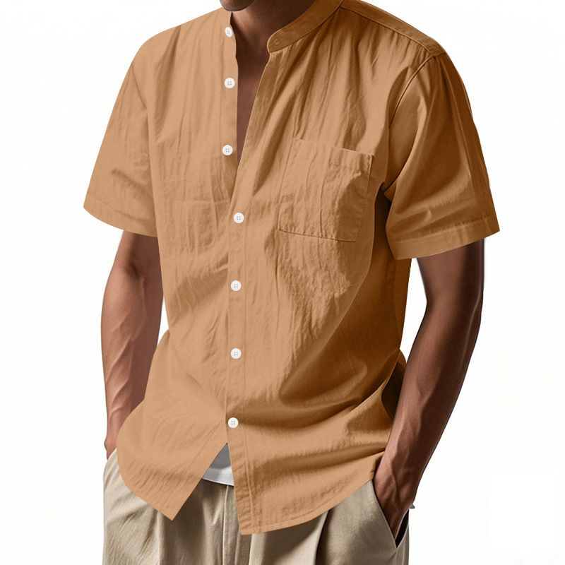 Camisa de lino de manga corta para hombre, nueva, de color liso, con cuello alto y bolsillo, holgada, informal_voghion.com