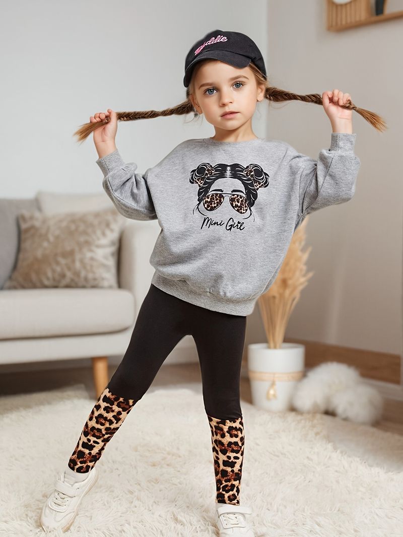 Kinderkleidung für Mädchen, Herbstmuster, Rundhalsausschnitt, langärmliger Pullover, enge 9-Punkt-Hose, modischer, lässiger zweiteiliger Anzug_voghion.com