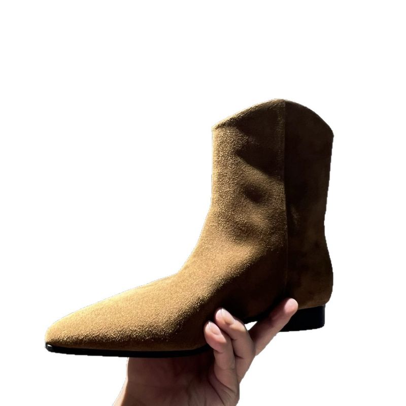Cowhide Version~Korean Version Suede Pointed Toe Slim For Women Winter Fleece Lined Chunky Heel Western Cowboy Martin_voghion.com