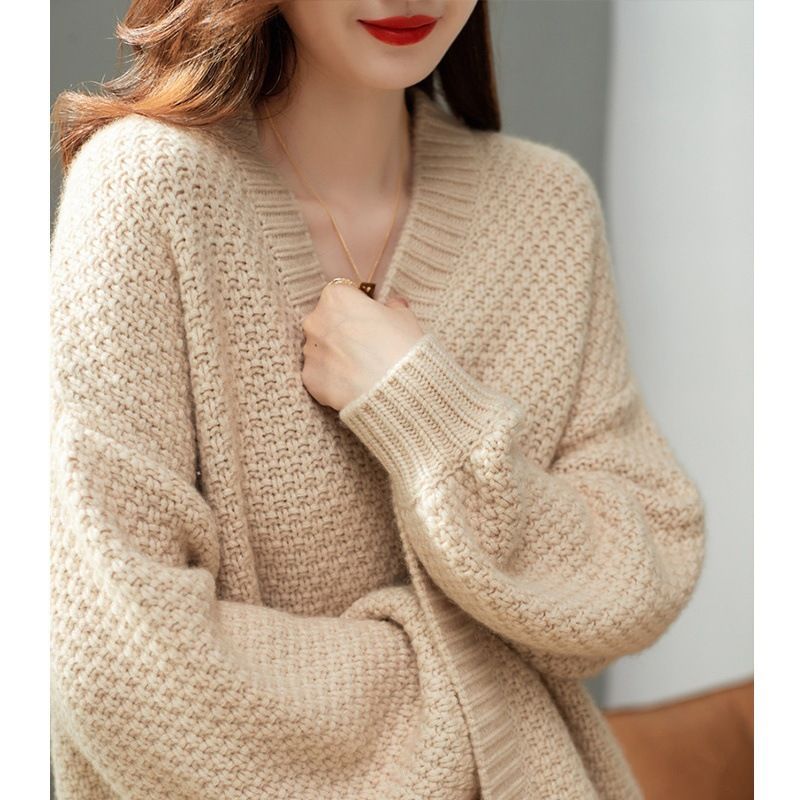 Cardigan da donna in stile vintage francese K, nuovo, in maglia grossa, ampio e comodo, di media lunghezza._voghion.com