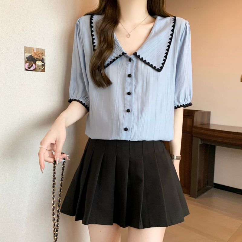 Camicetta blu con spalle scoperte per donna, taglie forti estive, modellante, snellente, stile francese, colletto a bambola, manica corta,_voghion.com