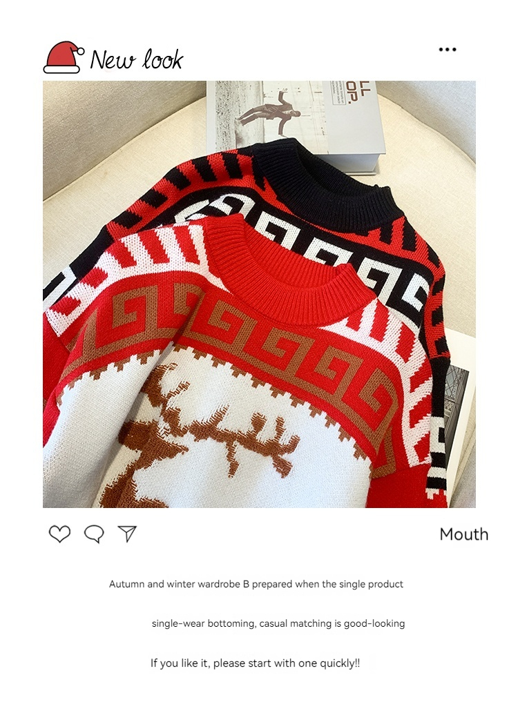Petit cerf Jacquard rouge pull de noël femmes automne hiver nouveau tricot occidental ample et mince_voghion.com