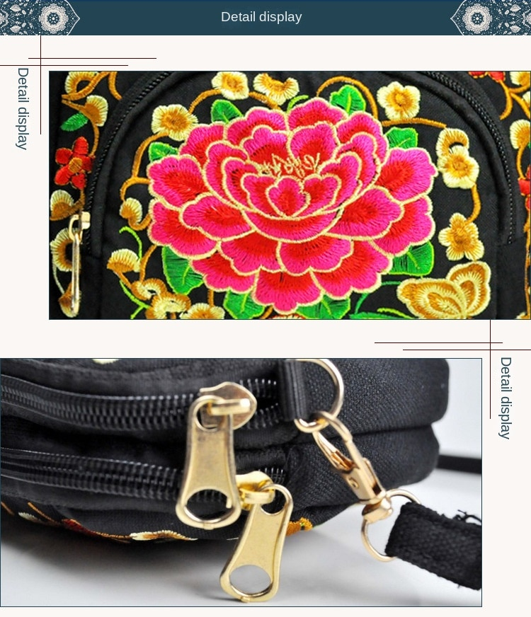 Borsa a tracolla da donna Borsa da viaggio Borsa a tracolla con cerniera ricamata floreale vintage Borsa per cellulare ricamata_voghion.com