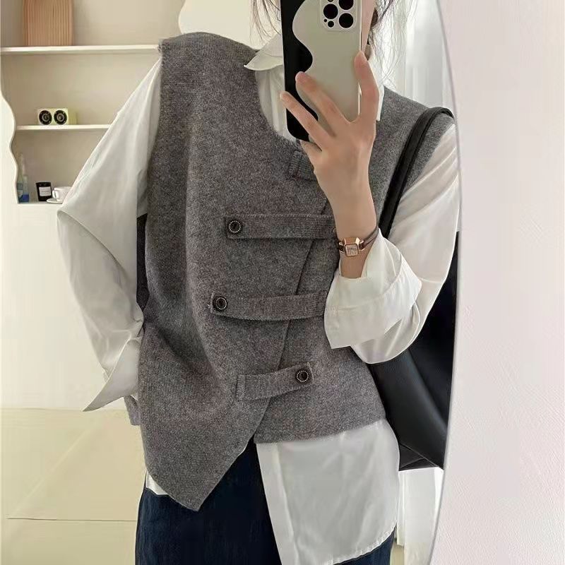 Gilet sans manches en maille irrégulière pour femme, style rétro japonais, automne-hiver, nouveau modèle._voghion.com