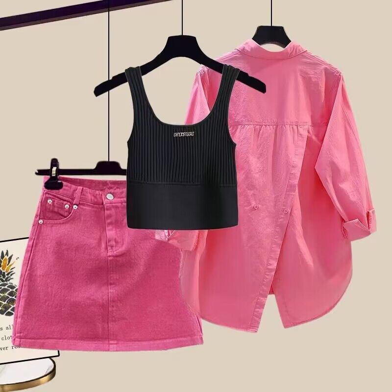 Ropa de mujer Temperamento Chaleco ajustado Camisa Falda vaquera Traje de tres piezas Moda_voghion.com