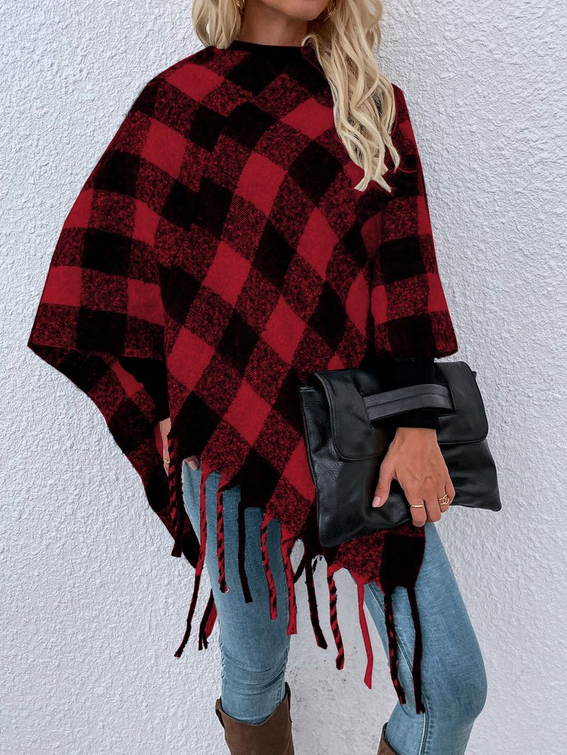 Maglieria da donna maglione a secchiello in pongee con scialle con frange a quadri mille uccelli_voghion.com