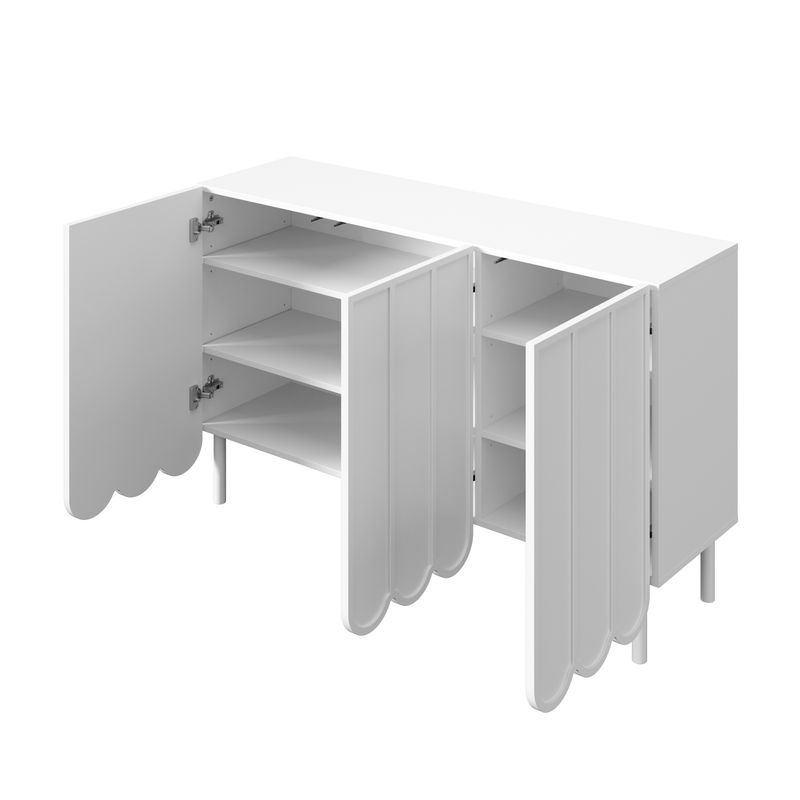 Buffet blanc moderne avec portes ondulées, 120 x 35 x 80 cm, design sans poignées, étagères réglables, meuble de rangement pour salon, couloir et salle à manger._voghion.com