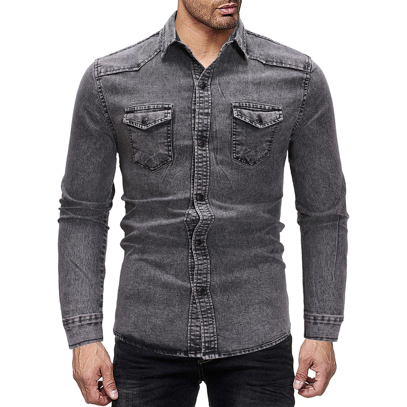 Herrenbekleidung Vintage einfaches langärmeliges Jeanshemd für Herren in Übergröße_voghion.com