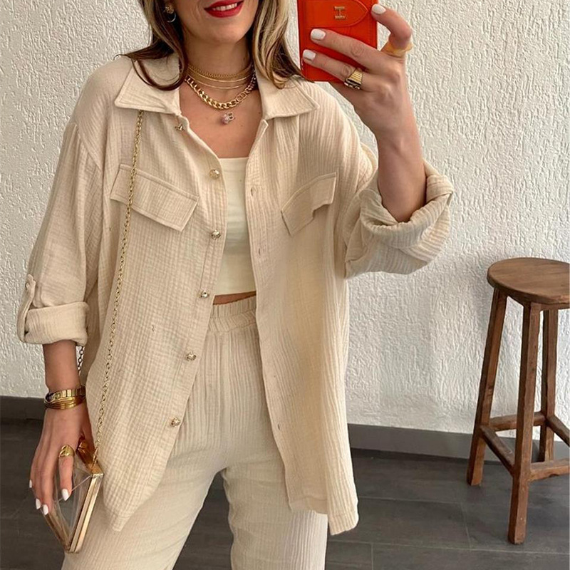 Γυναικεία Ρούχα Plus Size Διπλή στρώση Crepe Loose Μεγάλο Πέτο Μακρυμάνικο Πουκάμισο Casual_voghion.com