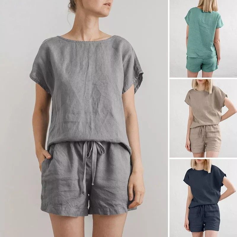 Tuta da donna con maniche corte, in cotone e lino, stile retrò, casual, tinta unita, con coulisse e pantaloncini._voghion.com