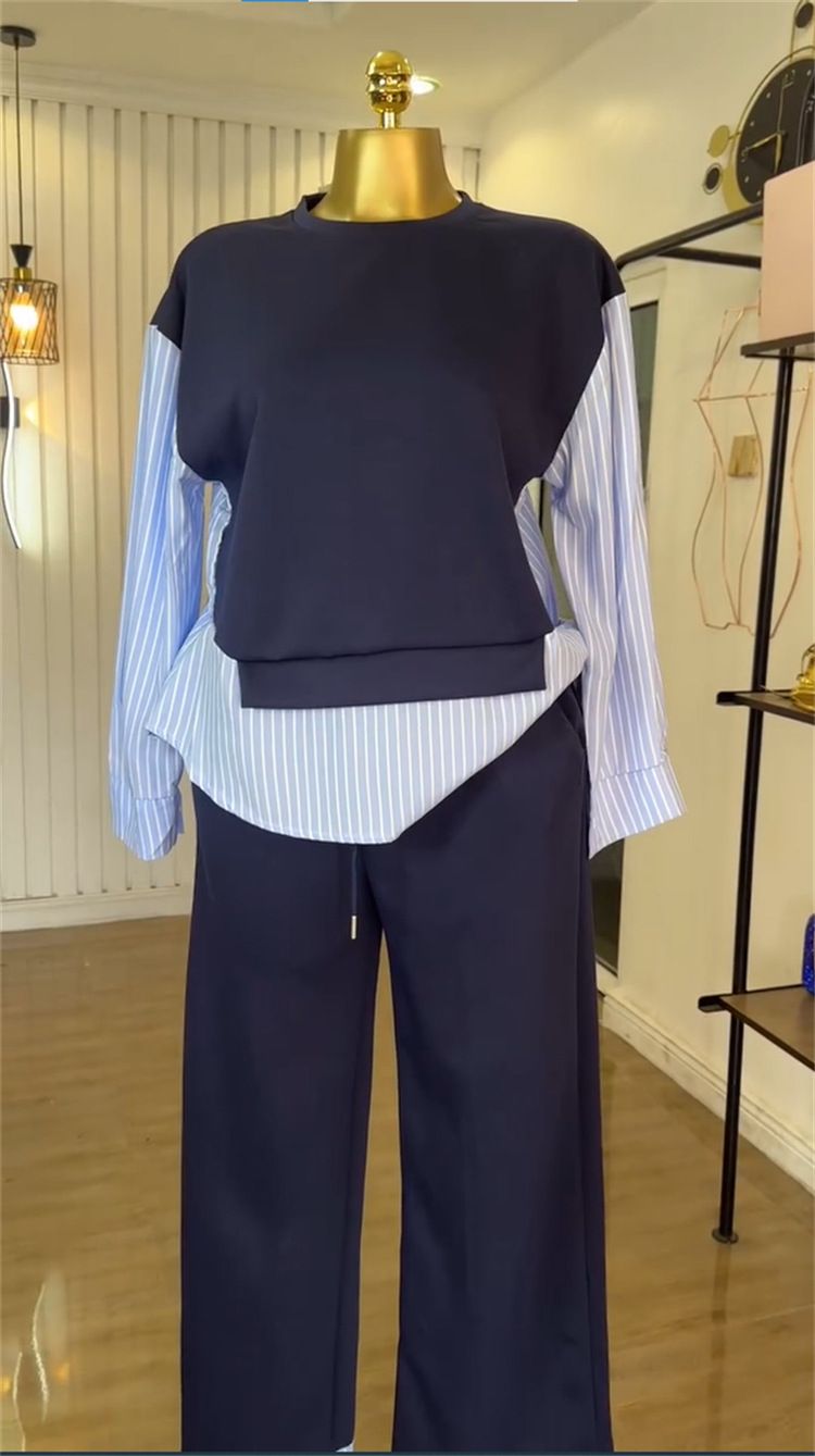 Women's Summer Casual Stripe Print High Waist Pants Set With Round Neck Blouse – Stylish & Comfortable Outfit For Everyday Wear_voghion.com