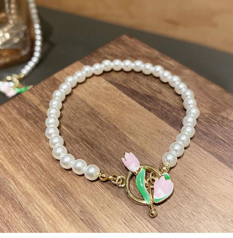 Ensemble de collier et bracelet de perles à boucle OT peinte en tulipe, chaîne de clavicule, design de niche haut de gamme_voghion.com