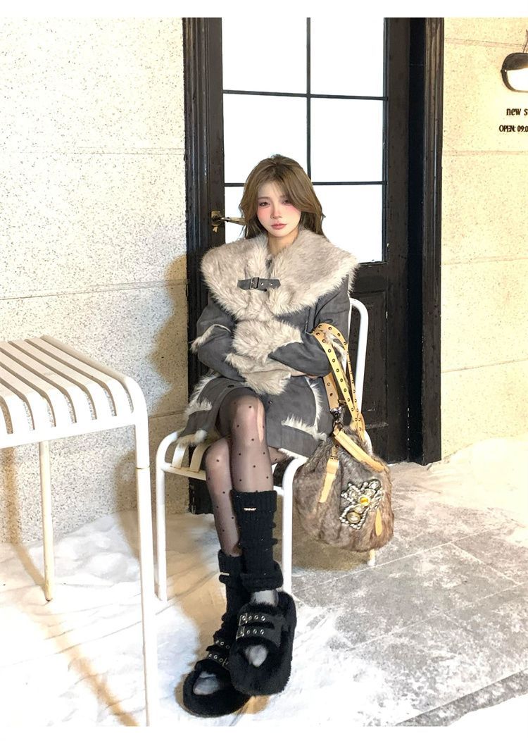 Grau Kran Silber Schnee Winter Neue frauen Anzug Elegante Pelzigen Patchwork High-end-Mantel Vielseitig Mode Shorts_voghion.com