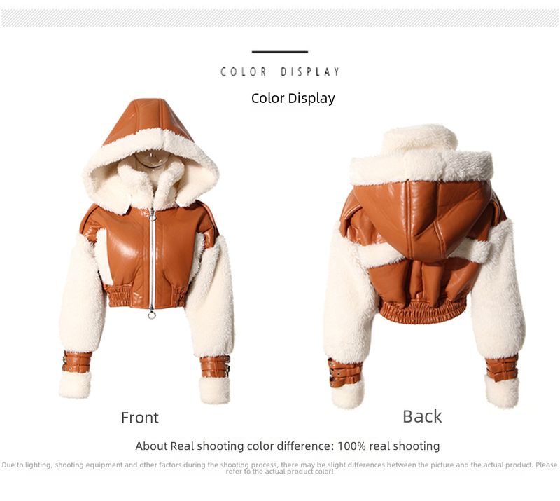Fur one-piece lamb fur short coat women's winter American retro stitching contrast color hooded motorcycle jacket top_voghion.com