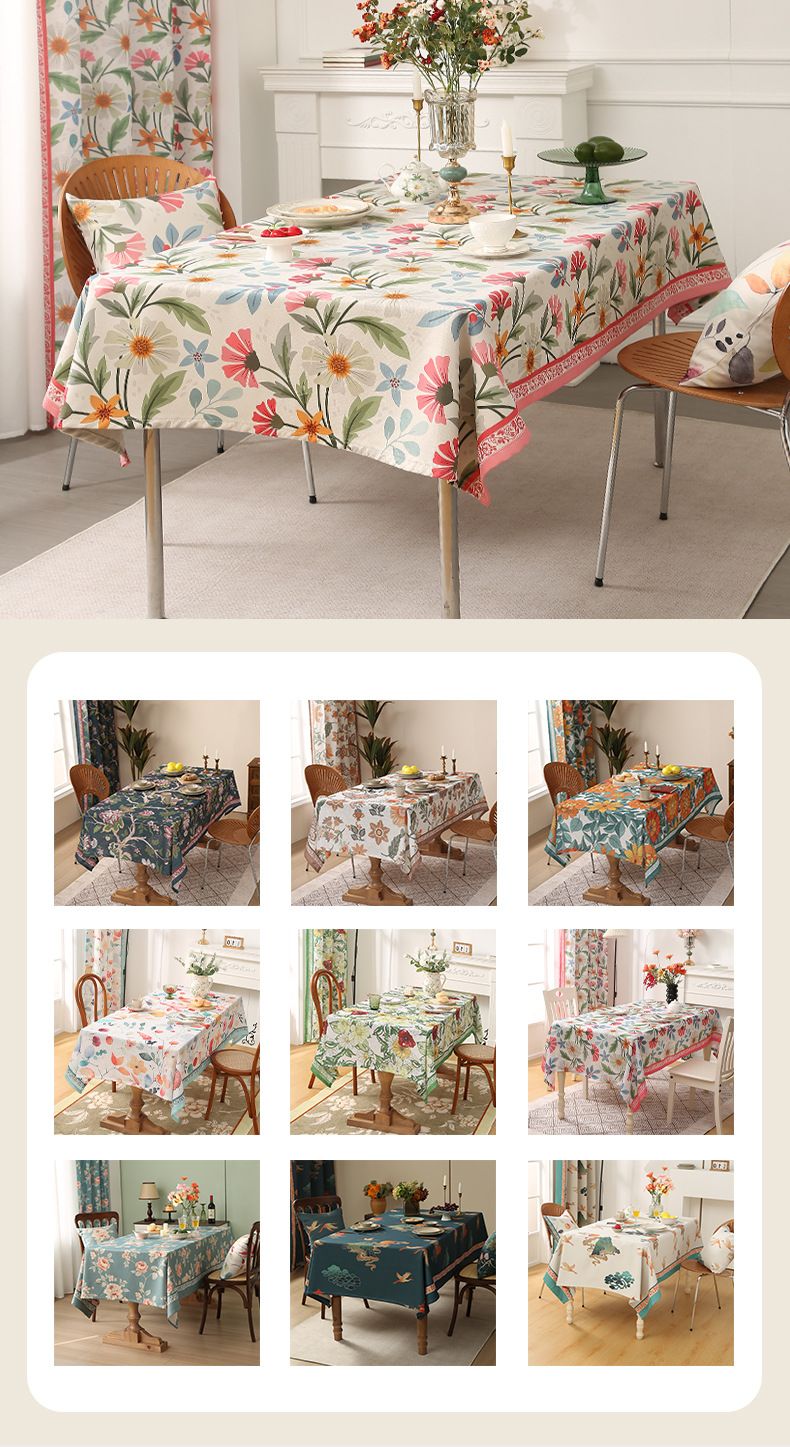 Nappe rectangulaire en coton et lin – Imperméable et oléophobe – Décoration florale bohème élégante pour table à manger et table basse_voghion.com