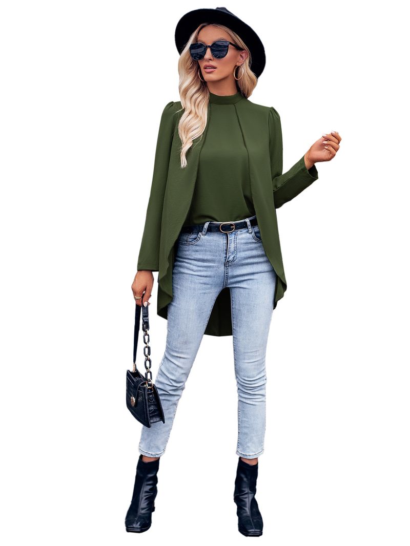 Abbigliamento da donna, camicia in due pezzi finta a maniche lunghe, tinta unita, collo semi-alto, casual, da donna_voghion.com