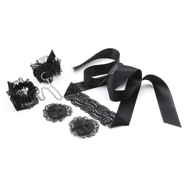 Set di pizzo bendato alternativo appassionato Set da 3 pezzi Set da 15 pezzi Manette in pizzo Collare per capezzoli SM Bondage Giocattolo sessuale_voghion.com