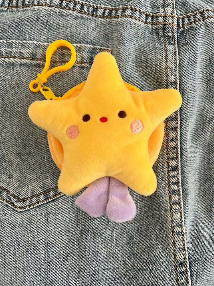 Bolsa de moedas de pelúcia quadrada com estrela de cinco pontas e pés, fone de ouvido redondo portátil, mini bolsa de estudante de desenho animado fofo_voghion.com