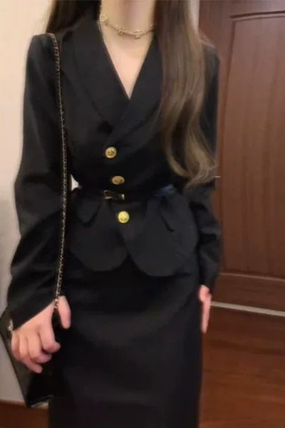 Terno elegante de alta qualidade estilo Hepburn 2024 outono inverno nova moda jaqueta e saia conjunto completo de roupas femininas da irmandade_voghion.com