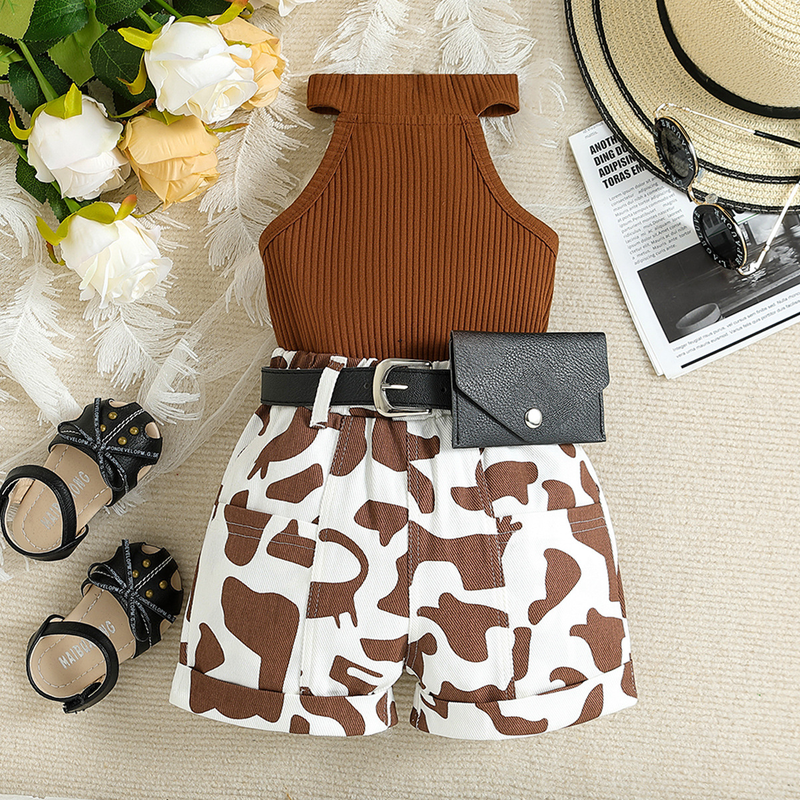 Abbigliamento per neonati Completo da bambina per bambini di taglia piccola e media, top ampio con scollo all'americana + pantaloncini Marsupio set da tre pezzi_voghion.com