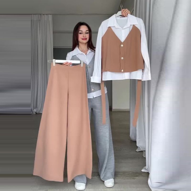 Vêtements pour femmes Couleur unie Col en V Slim Fit All Match Gilet Pantalon Ensemble deux pièces_voghion.com