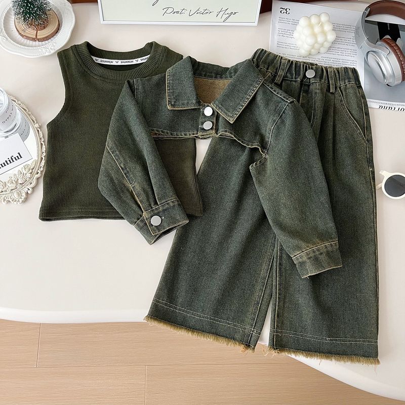 Giacca a maniche lunghe con temperamento coreano per ragazze in stile autunno 2024, completo in denim per bebè 67386_voghion.com