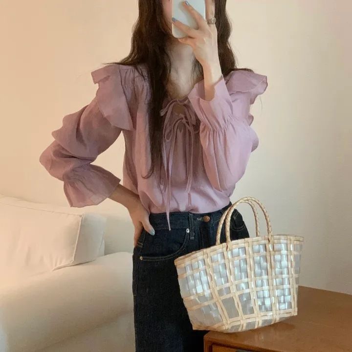 Korean Chic 2024 Spring/Summer New Style Loose Fungal Edge Strap Gentle and Sweet Temperament Purple Top Shirt_voghion.com