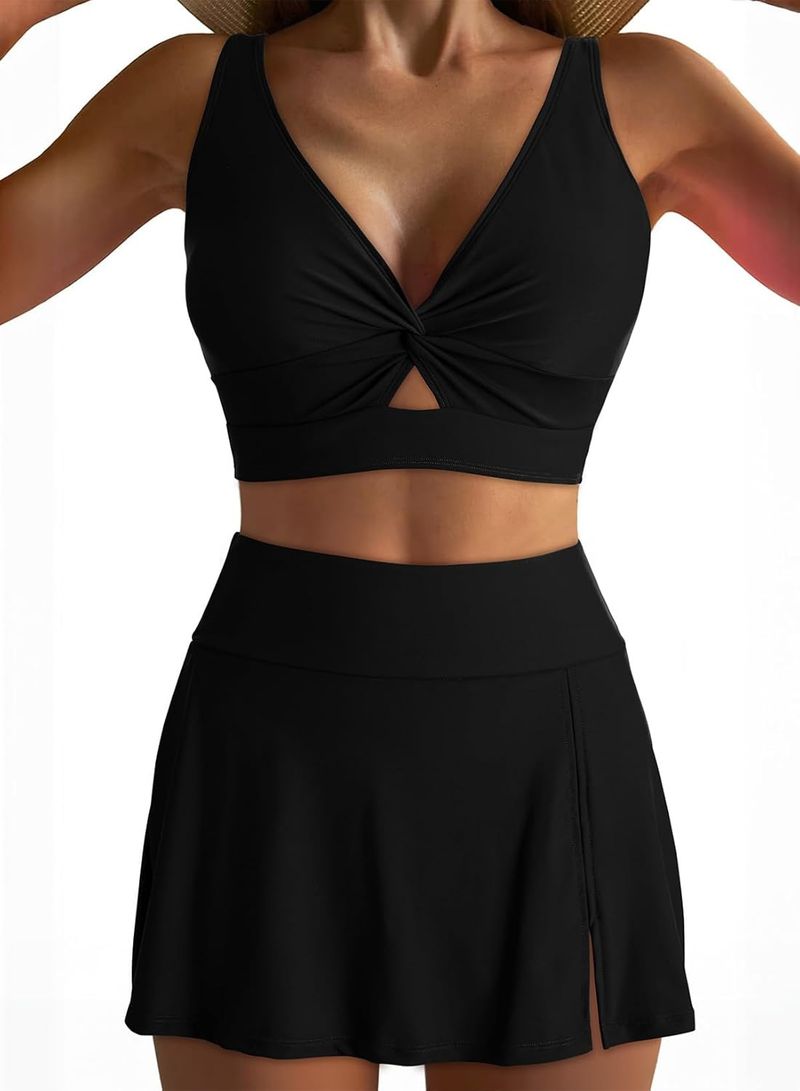 2025 New Solid Color Gathered High Waisted Skirt Pants Sexy Split Bikini Women's Swimsuit_voghion.com