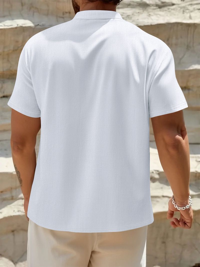 Camicia da uomo a maniche corte in lino e cotone – Collo alto traspirante, vestibilità comoda, casual (S-XXXL, blu navy/bianco/albicocca)_voghion.com