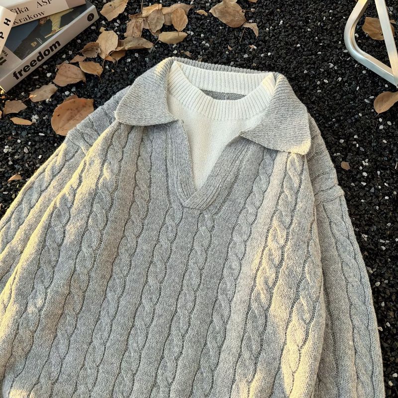 Vintage Zopfmusterpullover mit mehrlagigem V-Ausschnitt - Lässiger Oversized Pullover für Damen & Herren, Herbst-Wintermode_voghion.com