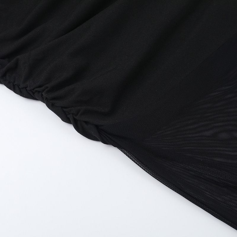 Abito bustier con pannello in rete trasparente e vita arricciata - Gonna midi fluida per donna, abbigliamento casual e per feste estive_voghion.com