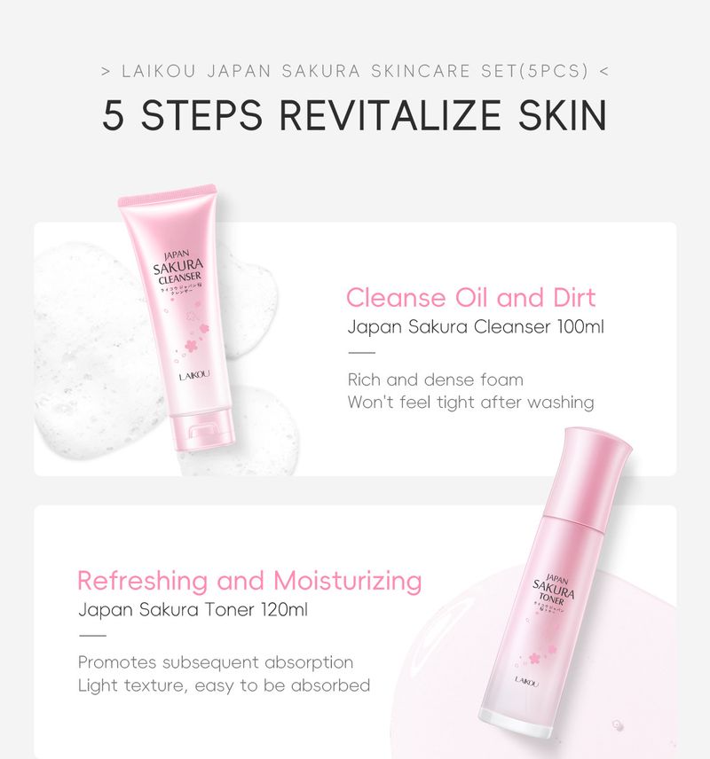 LAIKOU Sakura Hautpflege Geschenkbox Feuchtigkeitsspendendes 5-teiliges Set Glasversion Gesichtsset auf Lager_voghion.com