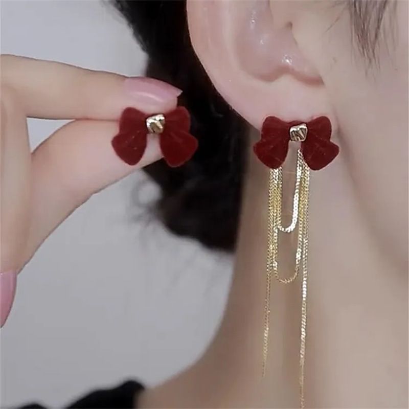 Red Bow Long Tassel For Women With A High-end Feel, Celebrating And Making The Bride's Face Look Slimmer. New Year Earrings_voghion.com