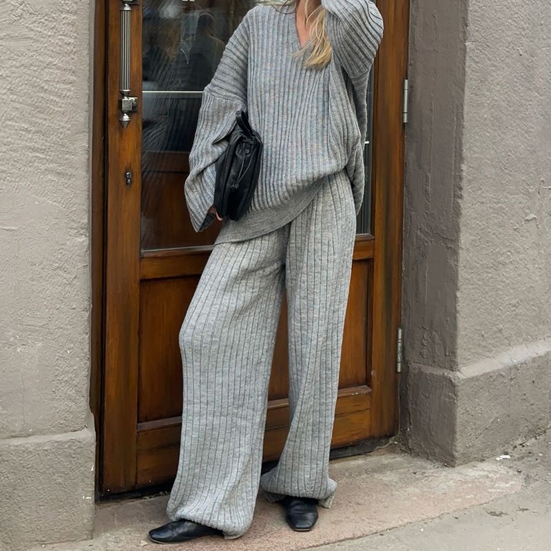Oversized Knit Sweater & Scarf Set – Fall/Winter Women's Loungewear (Wine Red/Sage Green/Gray, S-L)_voghion.com