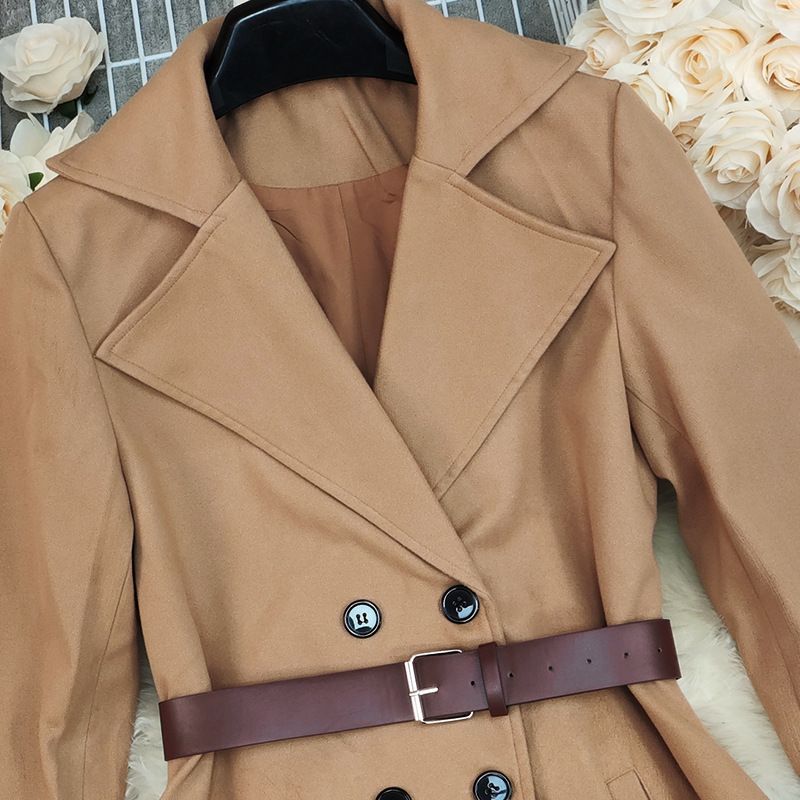Abrigo de lana cruzado oversize para mujer - Gabardina clásica para otoño e invierno, elegante para la oficina, abrigo largo color caqui con solapa de muesca_voghion.com