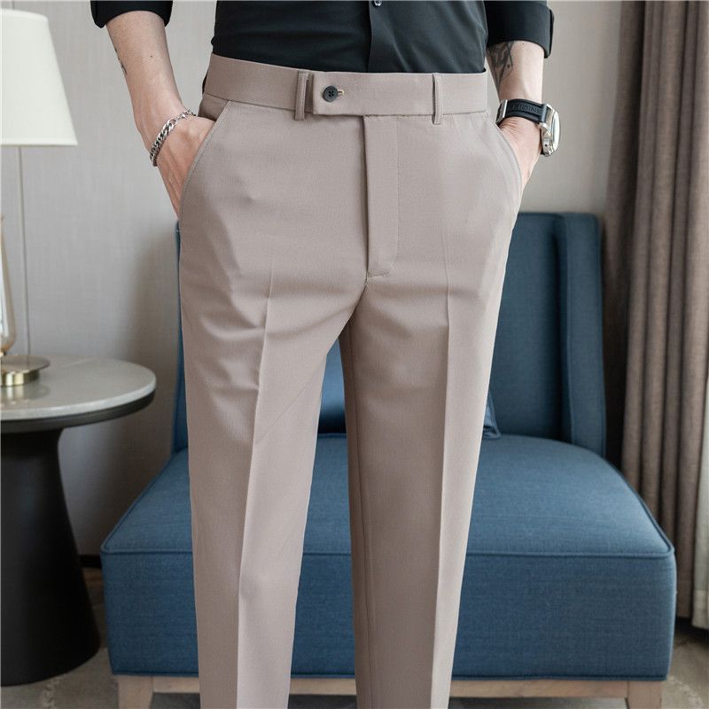 Summer new men's casual trousers, thin comfortable small straight nine-point trousers, elastic and drape on all sides, white trousers_voghion.com