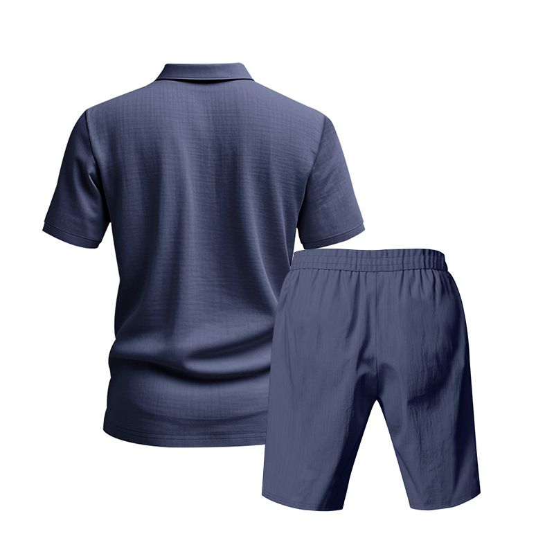 Ensemble polo et short de plage à manches courtes pour homme, style américain, ample, décontracté, respirant, en lin_voghion.com