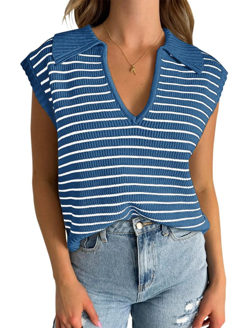 Maglia a righe con scollo a V da donna - Maglione pullover a maniche corte in stile francese, vestibilità ampia - T-shirt casual leggera in misto rayon_voghion.com