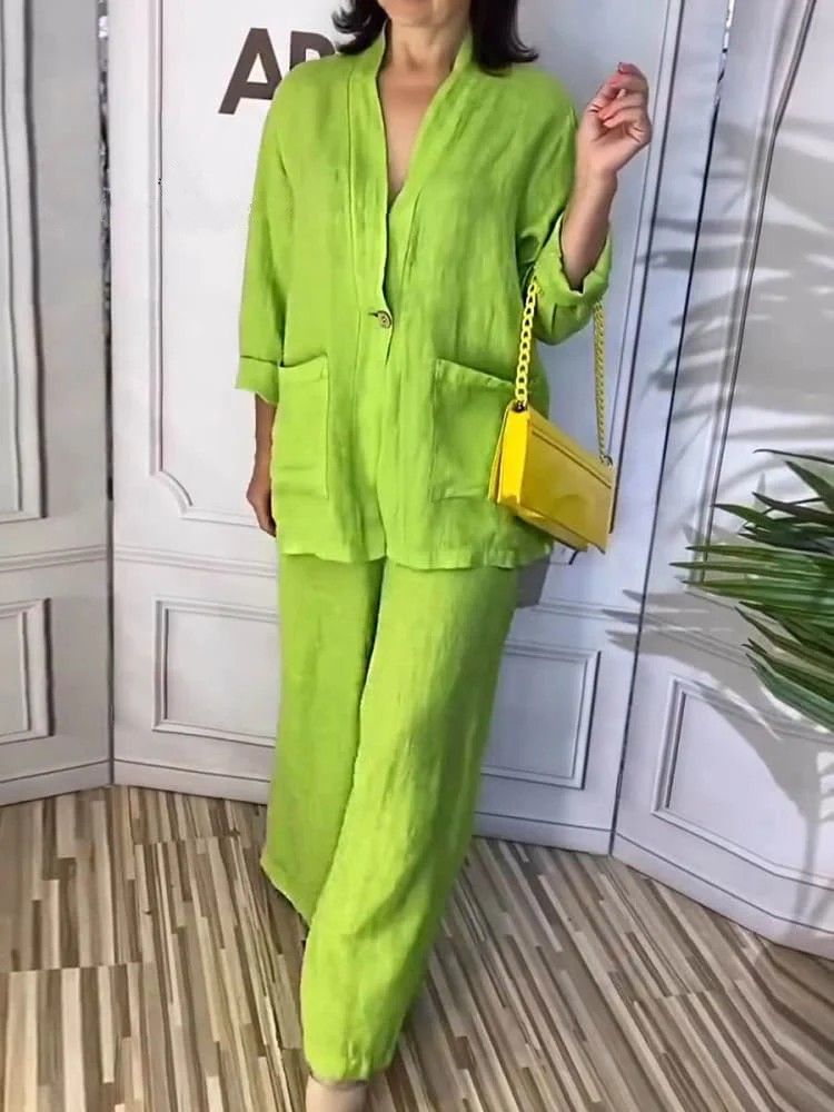 Abbigliamento da donna, completo due pezzi da donna, in cotone e lino, casual, di grandi dimensioni, con scollo a V e pantaloni._voghion.com
